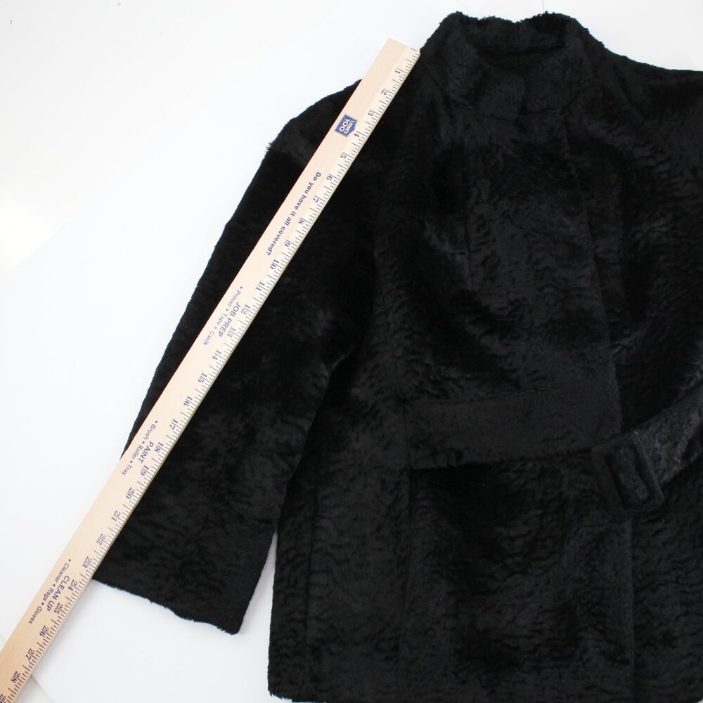 VTG 50s 60s Faux Fur Jacket Black Belted Satin Lined Stand Collar Swing Coat M - Picture 12 of 16